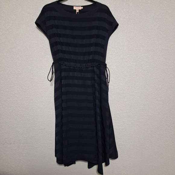Ted Baker Linnie Asymmetrical Stripe Midi Dress Navy Drawstring Waist NWT - Picture 3 of 9